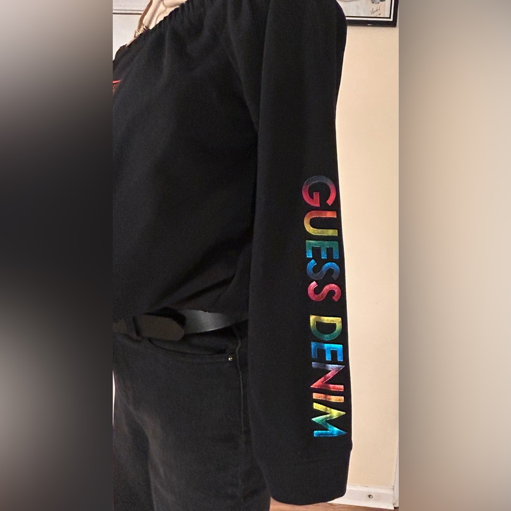 SALE•Guess Rainbow 🌈 Logo Crop Sweatshirt w Drawstring - Picture 2 of 15